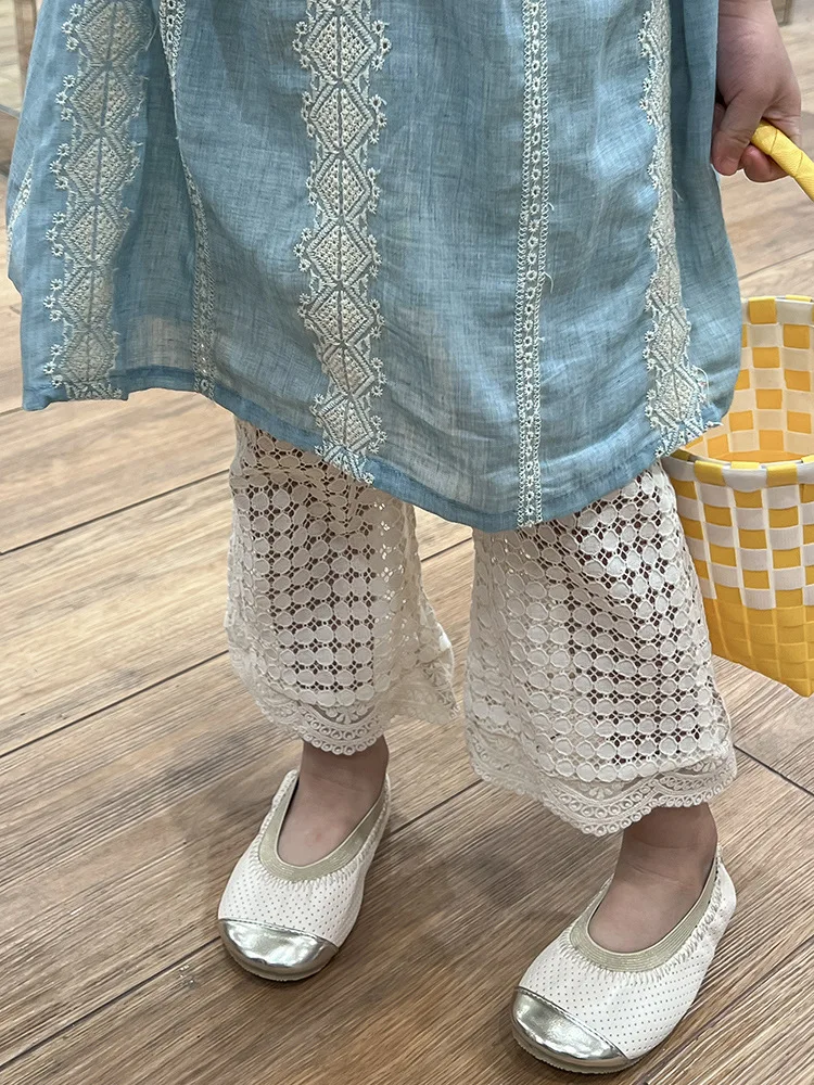 2024Spring and Summer New Children's Seaside Vacation Style Suspender Skirt Girls' Casual Hollow Fashionable Pants Suit-WS