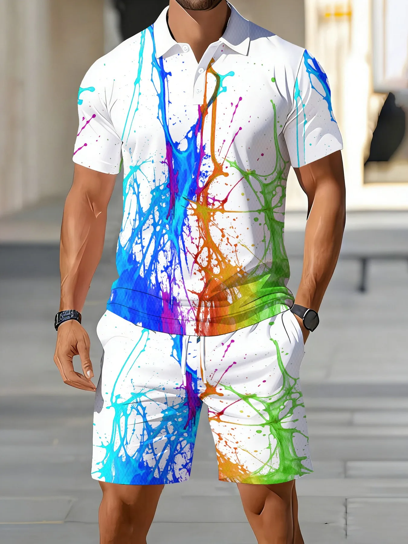 2026 Summer American Men's Short-Sleeved Polo Shirt Set - Casual Fashionable Comfortable with 3D Graffiti Pattern Print - view 5