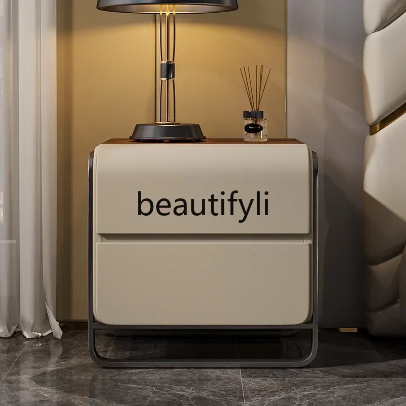

Light luxury bedside table leather fashion walnut Italian modern custom bedroom storage bedside table