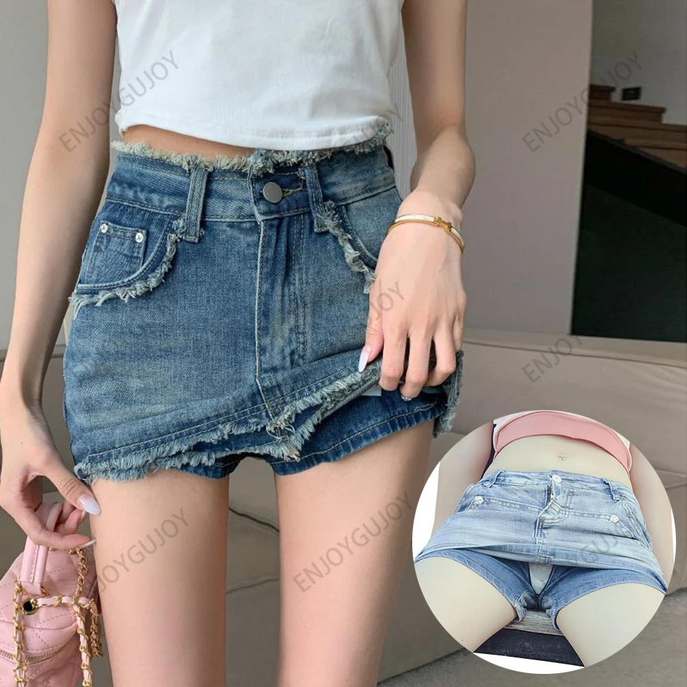 Invisibile con apertura sul cavallo Sesso all'aperto Hotpants esotici Tendenza Pantaloncini di jeans da donna Moda Jeans Gonna Pantaloni Estate a vita alta