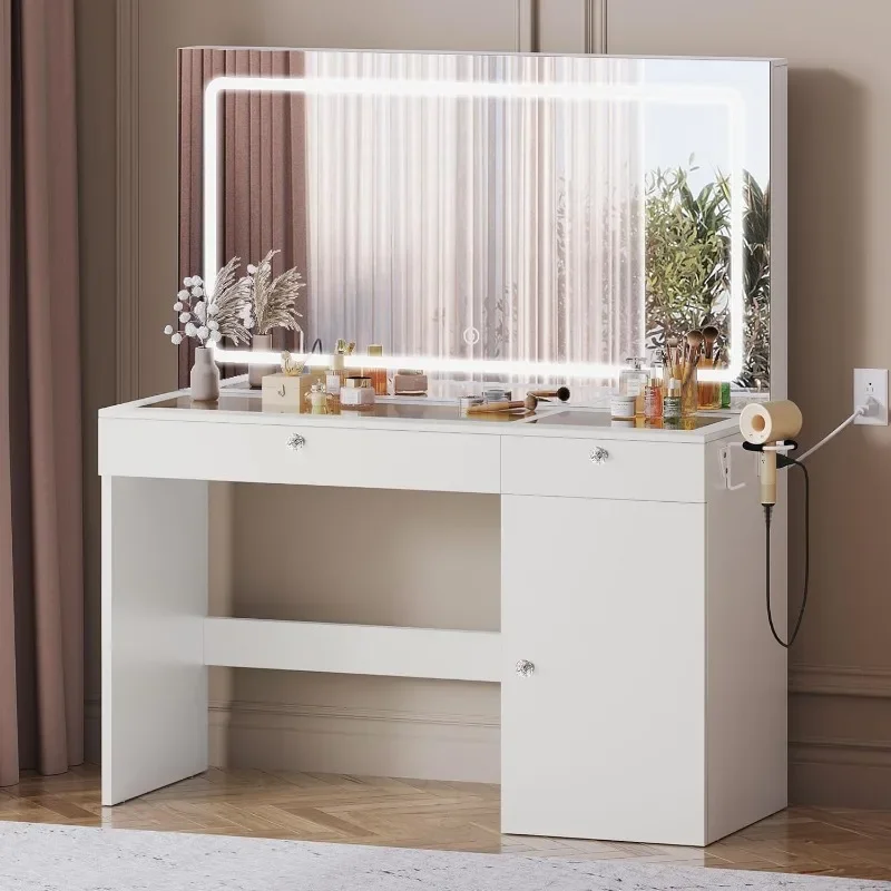 Large Vanity Desk with Mirror & Light, 5 Drawer & 3 Level Storage Dresser, 3 Lighting Modes Adjustable Brightness, Bedroom