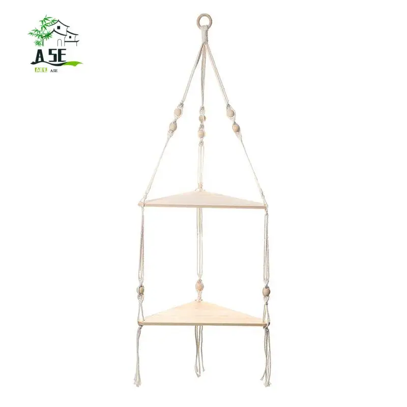 

A05E-1 шт. Полки с деревянной полкой Бежевая полка ручной работы с красивой веревкой макраме и полкой для подвешивания растений и декора