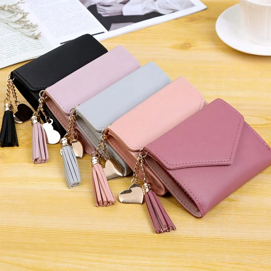

Adorable Tassel Decor Wallet Faux Leather Multi-Function Wallet Women Short Wallet Coin Card Holder Gifts Valentines For Women W