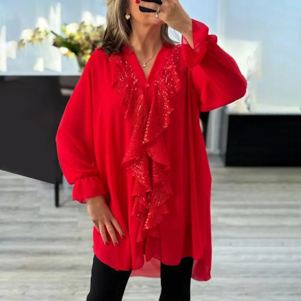 

Comfortable Women Blouse Elegant V-neck Chiffon Shirt With Ruffle Trim For Women Stylish Single Breasted Loose Fit For Ladies