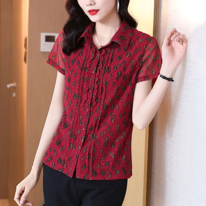 Office Lady Casual Turn-down Collar Shirt Summer New Fashion Short Sleeve Female Clothing Vintage Printed Single-breasted Blouse