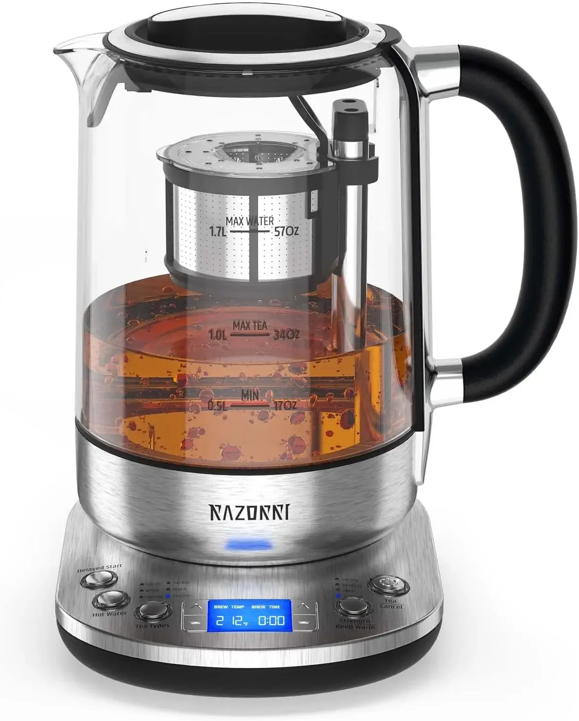 

Tea Maker 1.7L with Automatic Infuser for Tea Brewing, Stainless Steel Glass Kettle, Presets for 5 Tea Types