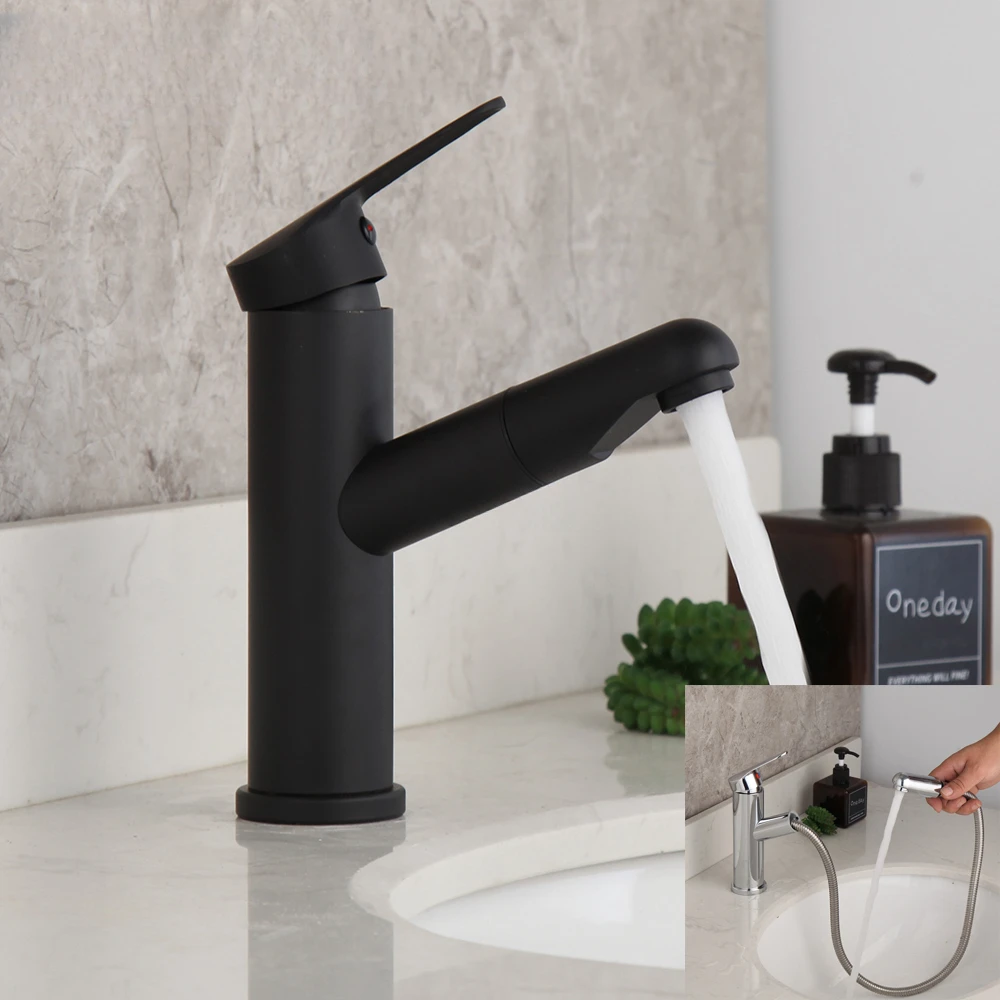 Bathroom Basin Mixer Faucet Deck Mounted Chrome Polish Pull Out Stream Spray Hot & Cold Mixer Matte Black Faucet
