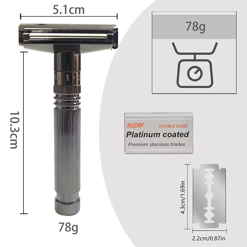 RZACLEA Adjustable Double Edge Safety Razor Kit with 5 Blades & Stand Metal Manual Shaver for Men Vacation Safety Razors