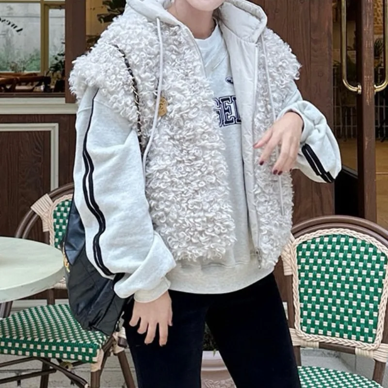 

Женский жилет Jaet, осень-зима 2022, винтажный двусторонний топ Personali, свободный хлопковый топ с капюшоном из меха ягненка, мавп