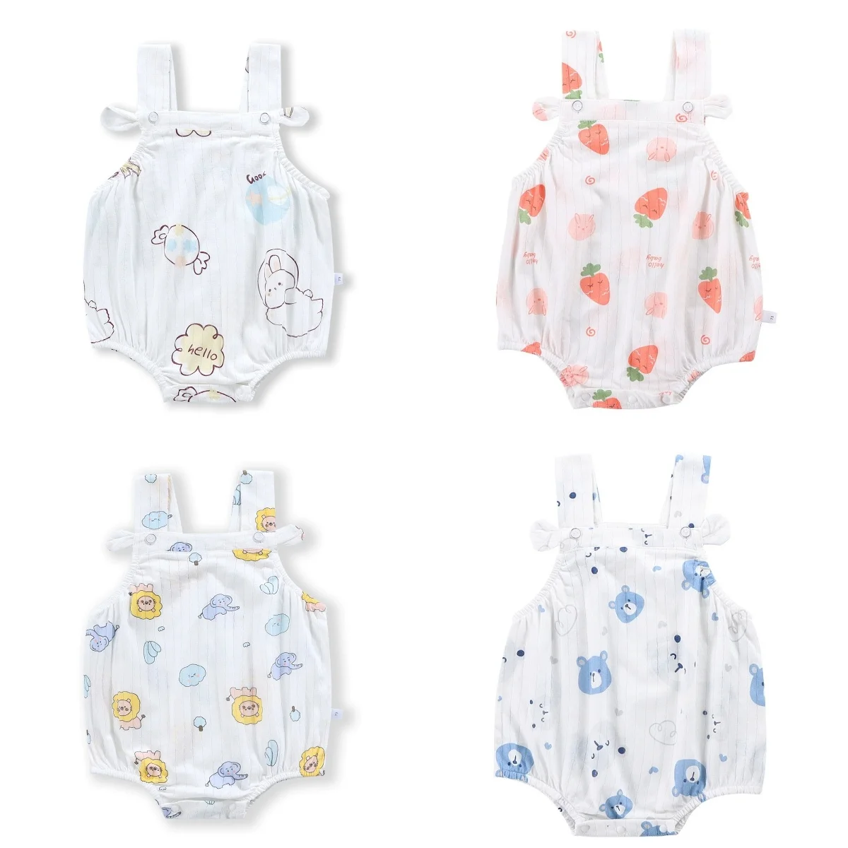 رومبير بحمالات مطبوع عليه رسوم كرتونية للأطفال، بدلة قطعة واحدة للأطفال حديثي الولادة بدون أكمام من القطن متعددة الألوان لفصل الصيف