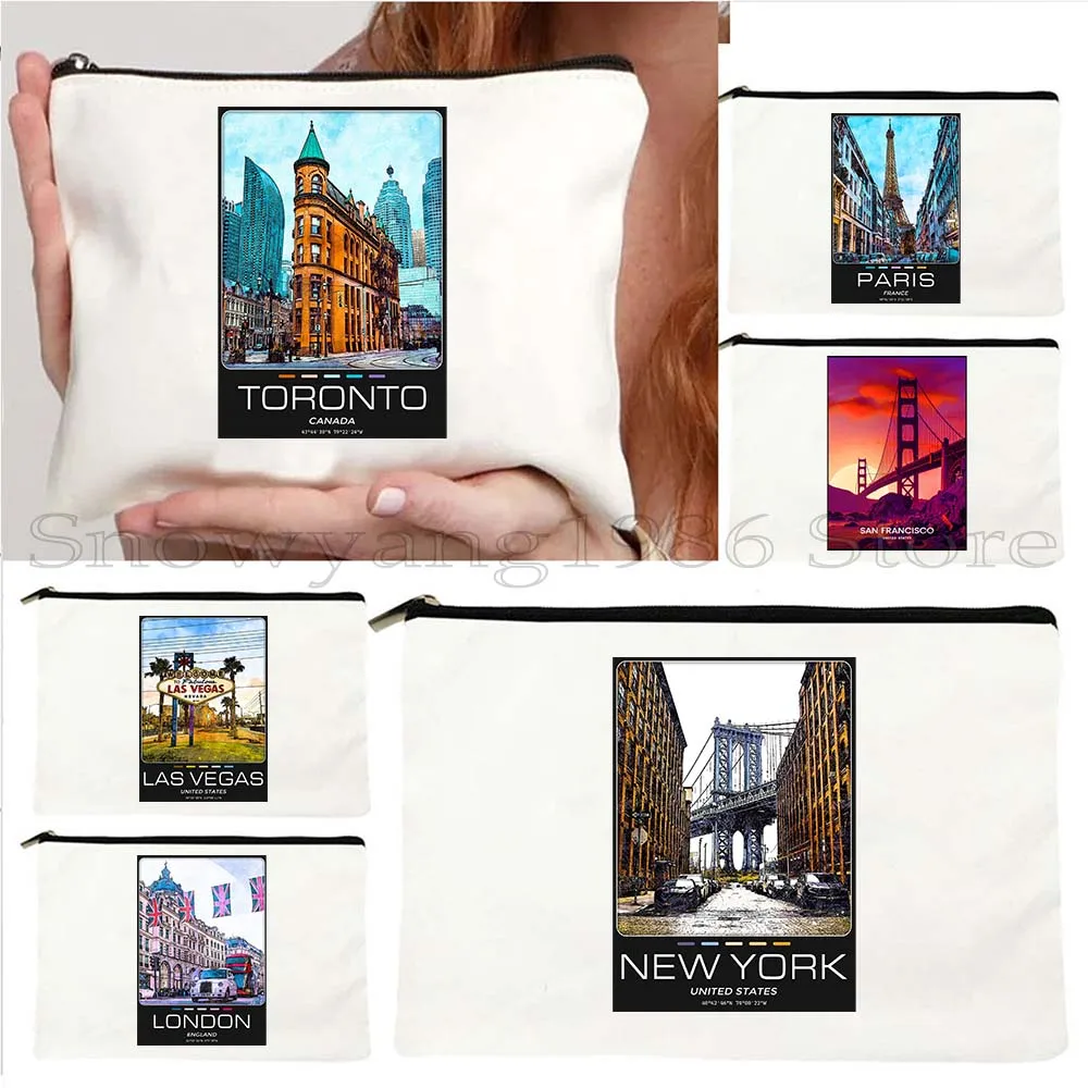 New York Paris London Sydney Toronto Las Vegas Miami Los Angeles San Francisco Mexico Cute Cosmetic Makeup Bag Pencil Case Pouch