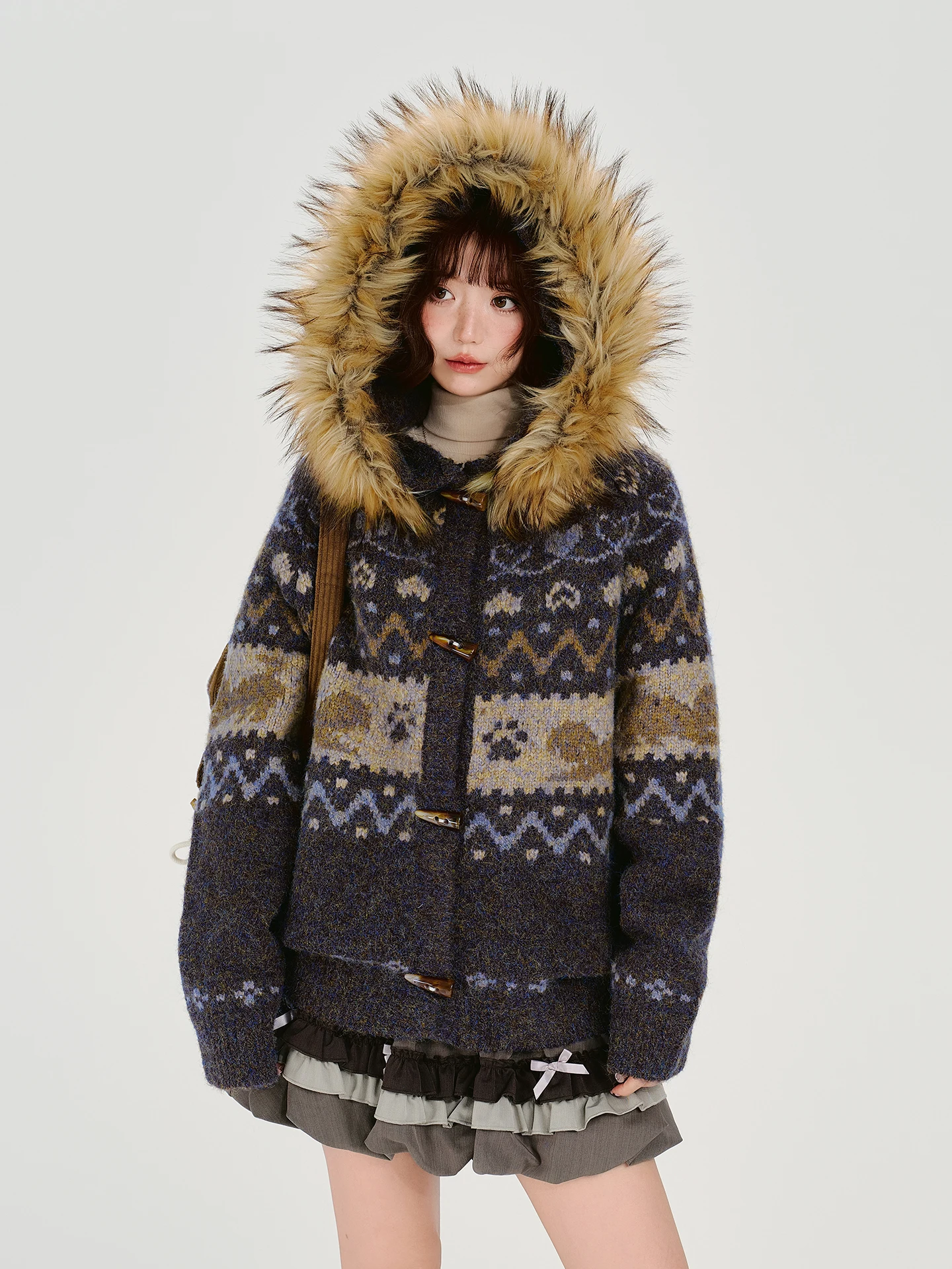 

Женский зимний свитер-пальто в американском ретро-стиле с отстегивающимся меховым воротником и узором Fair Isle, новая свободная модель для повседневной носки, ветровка