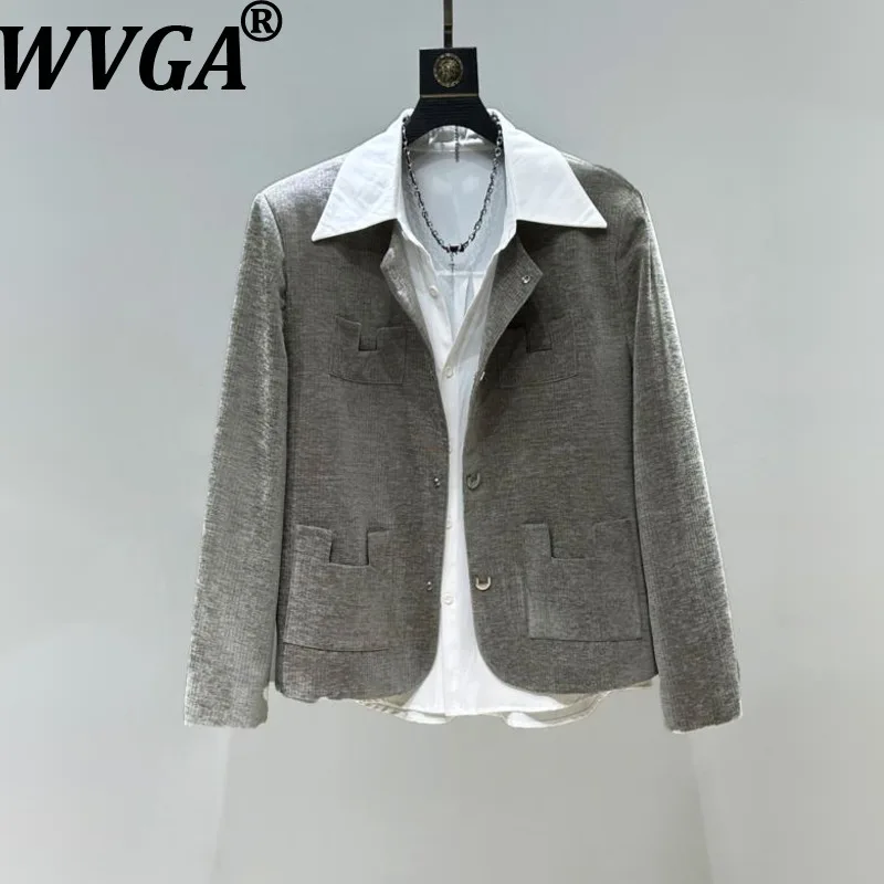 

WVGA Spring Autumn New Men's Tide Collarless Trendy Long Sleeved Blazer Niche Stylish Casual Pockets Suit Jackets Ins Y2K W13564