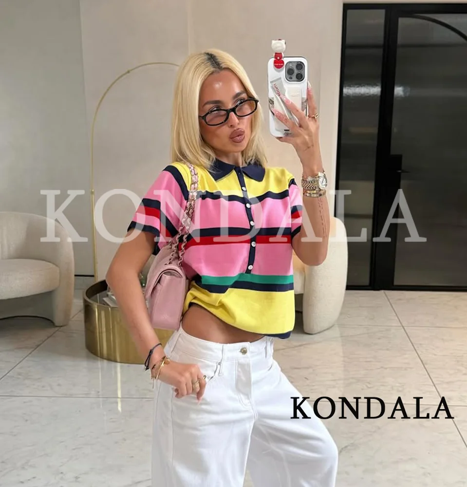 

KONDALA Summer Street Style Contrasting Colors Knitted Top Women Elegant Trendy Short Sleeve Polo Shirt 2026 Holiday Casual Tops