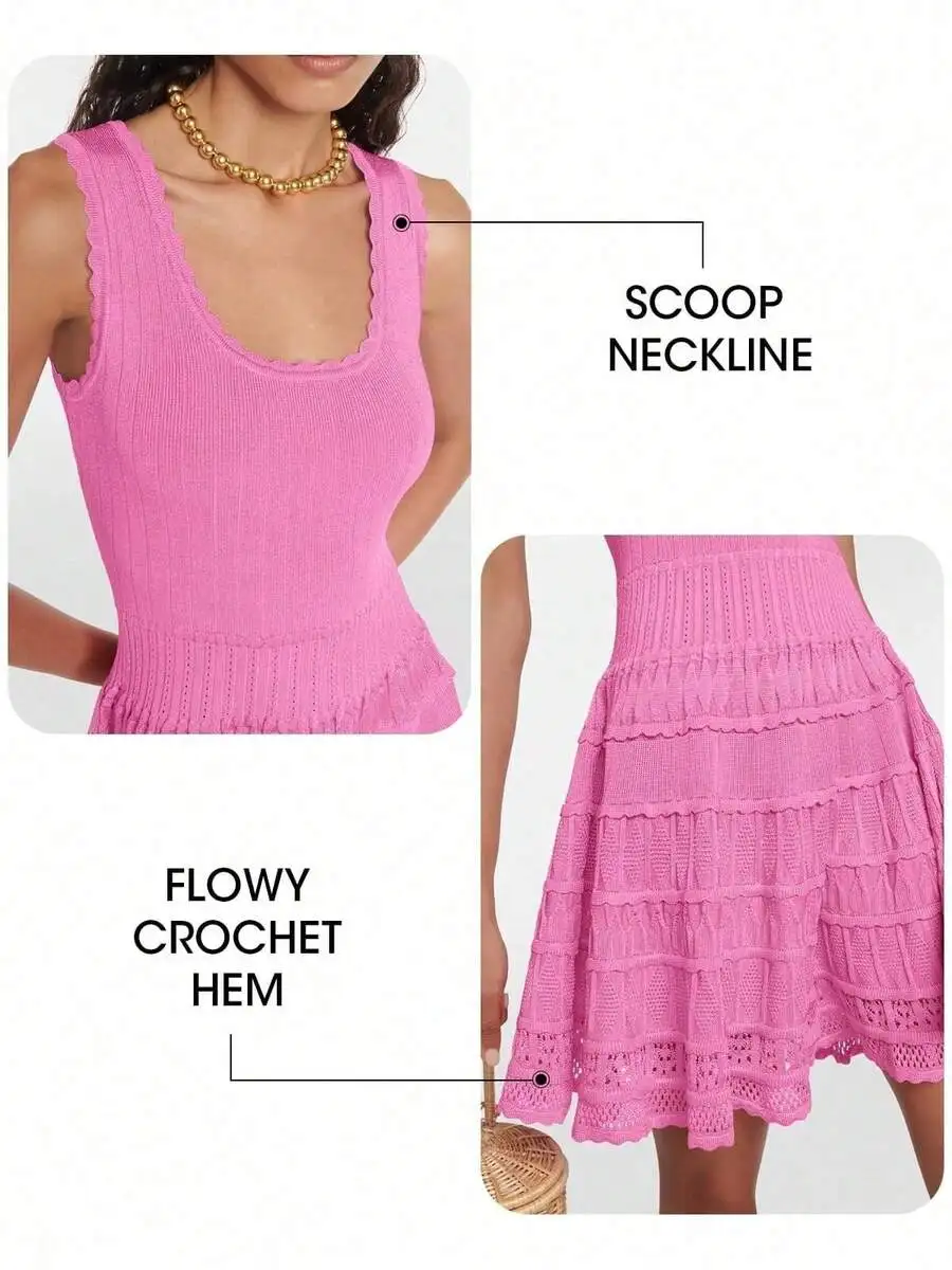 

Womens Knitted Tank Mini Sundress With Scoop Neck And Flowy Crochet Hem
