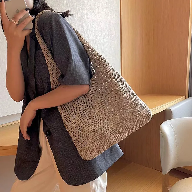 Fashion Women Hollow Woven Shoulder Bags Large Capacity Shoulder Bags Crochet Bag Knitting Handbags Eco Female Shopping Tote