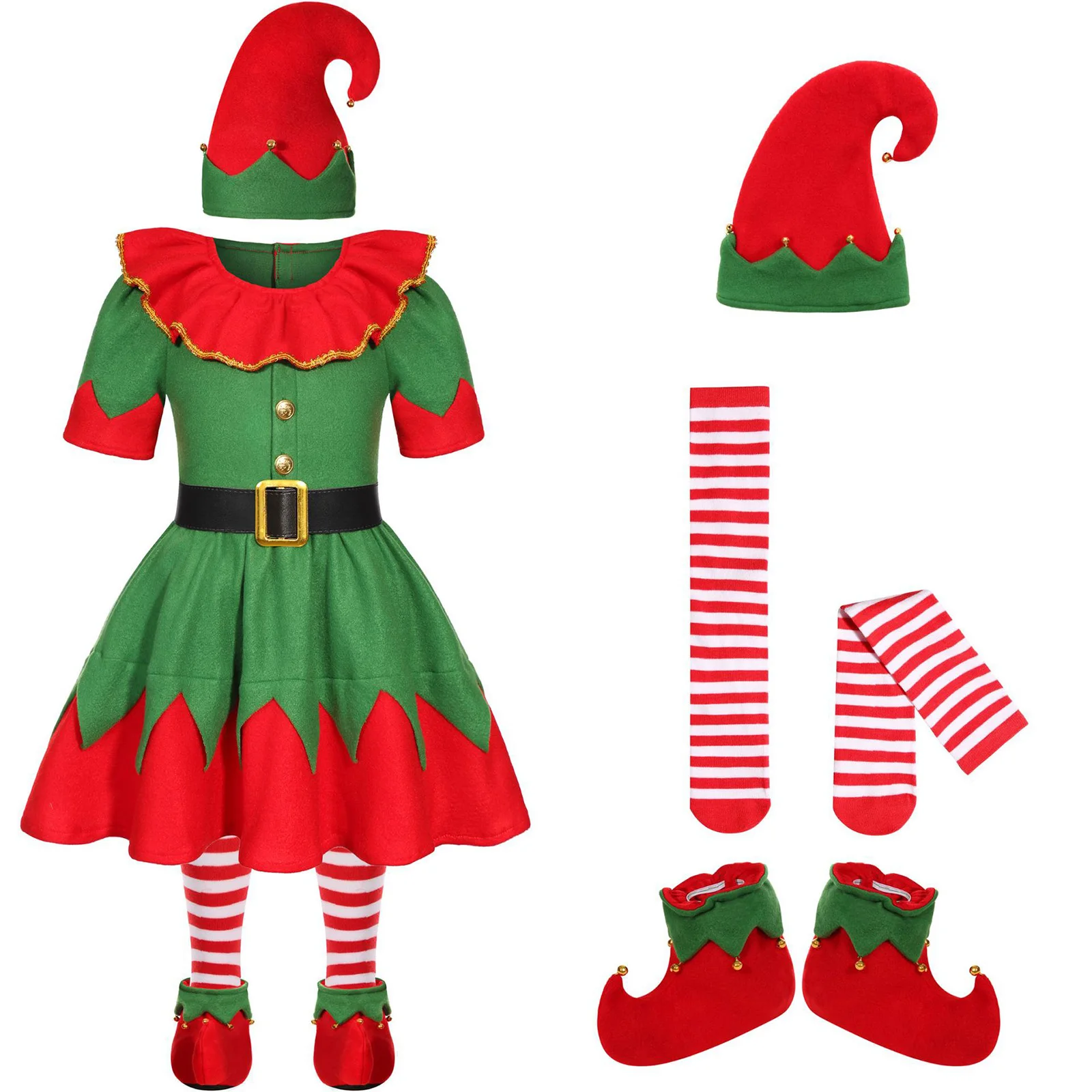 

Girls Christmas Costume Elf Xmas Santa Claus Outfit Set Party Wear Short Sleeve Zipper Ruffled Dress Stripe Socks and Shoes Set