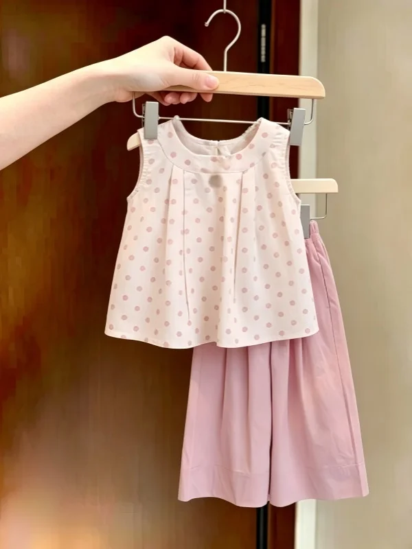 

Girls Summer Vest Set Sleeveless Wide Leg Pants Two Piece Suit Children's Clothing Sweet Style Trendy Kids Outfit for Girls