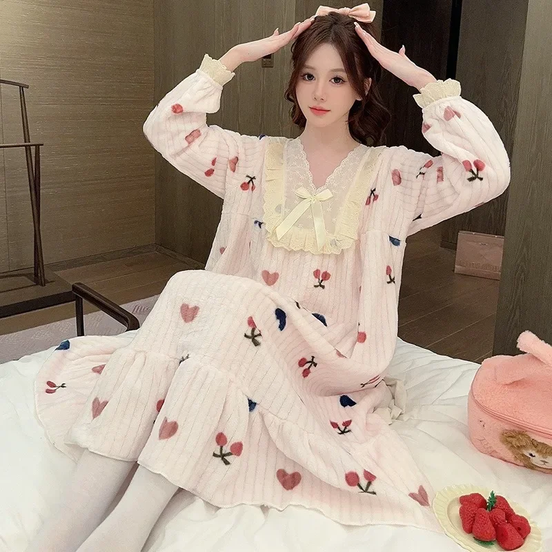 Plus Size Women Coral Velvet Nightgowns Winter Warm Flannel Thickened Lounge Loose Cozy Mid Home Dress Sweet Fluffy Sleepwear