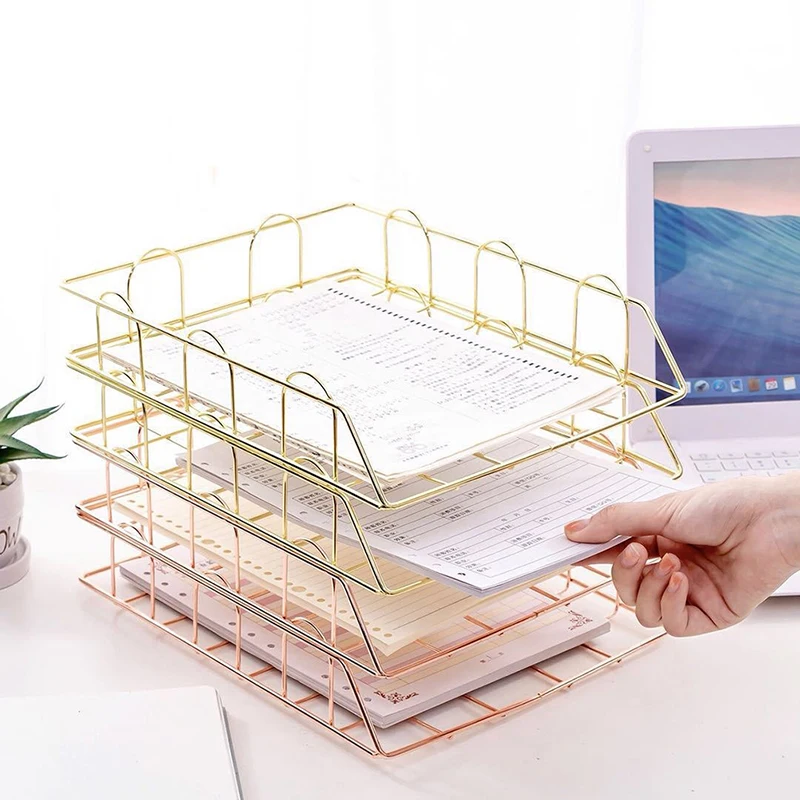 1pcs Metal Stackable Paper Tray Desk Organizer Rose Gold Metal Letter Trays for File Paper Organizer Desk Organizer