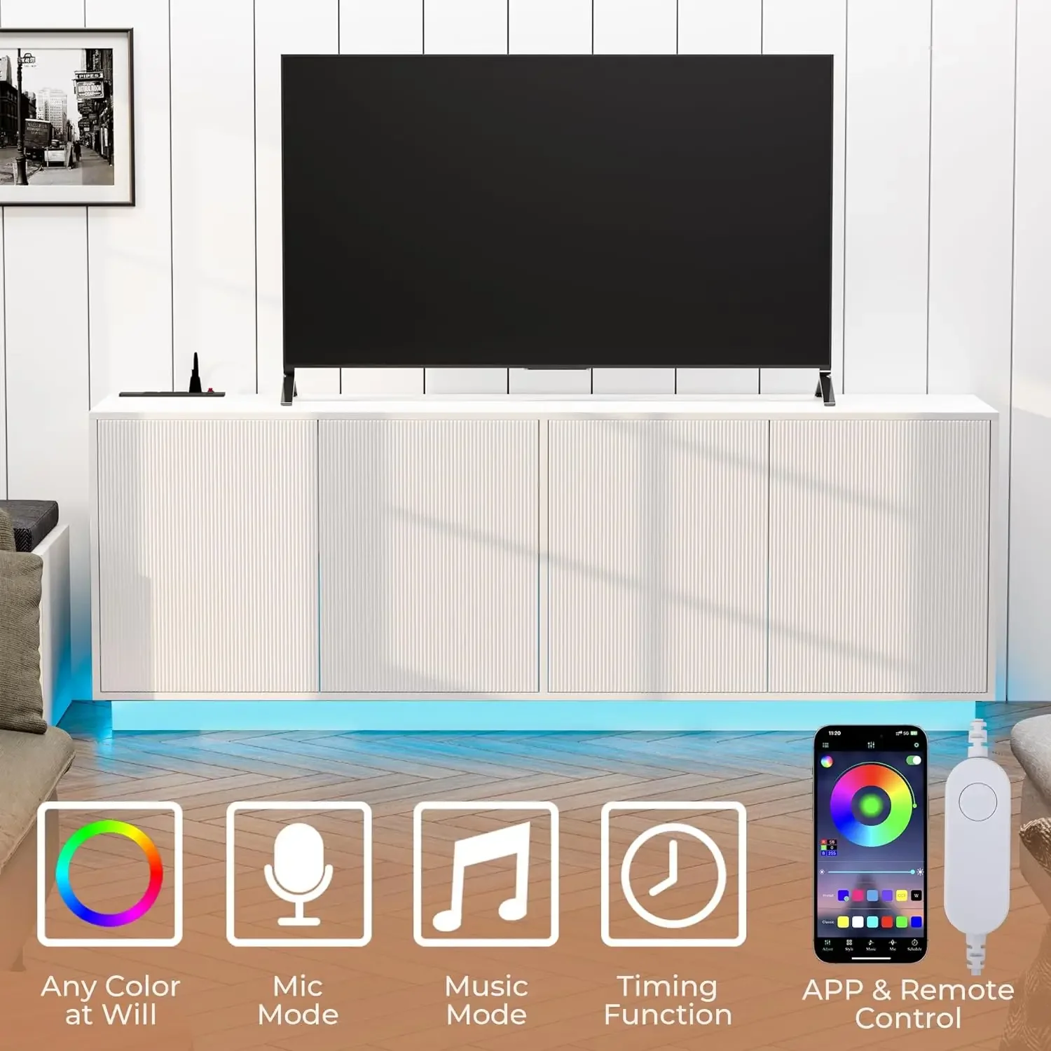 Supporto TV moderno bianco luci a LED scanalate 67 "con presa di corrente, centro di intrattenimento con ante portaoggetti, mobile multimediale per Console TV