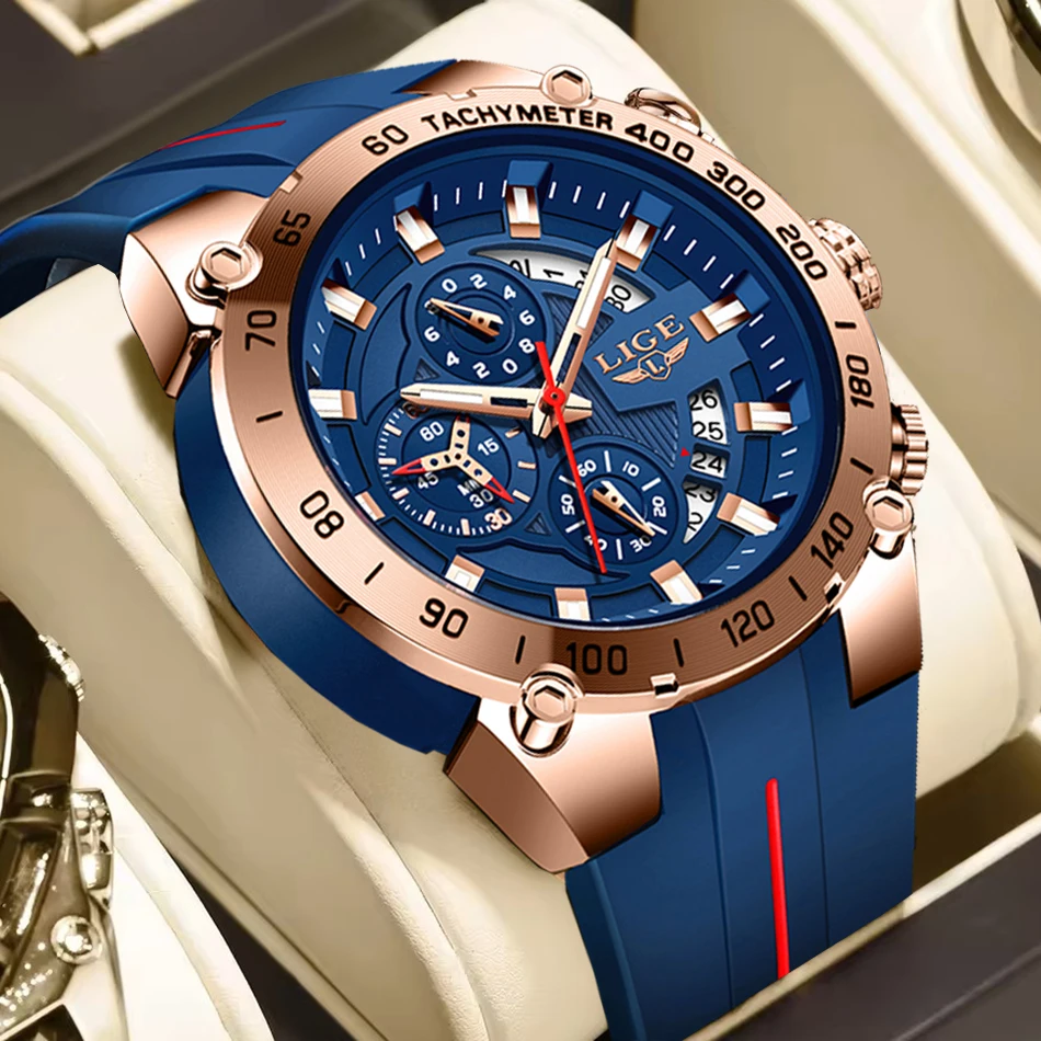 

LIGE Men's Blue Chronograph Watch Fashion Silicone Waterproof Sport Watches For Men Casual Business Quartz Wristwatch Gift Clock