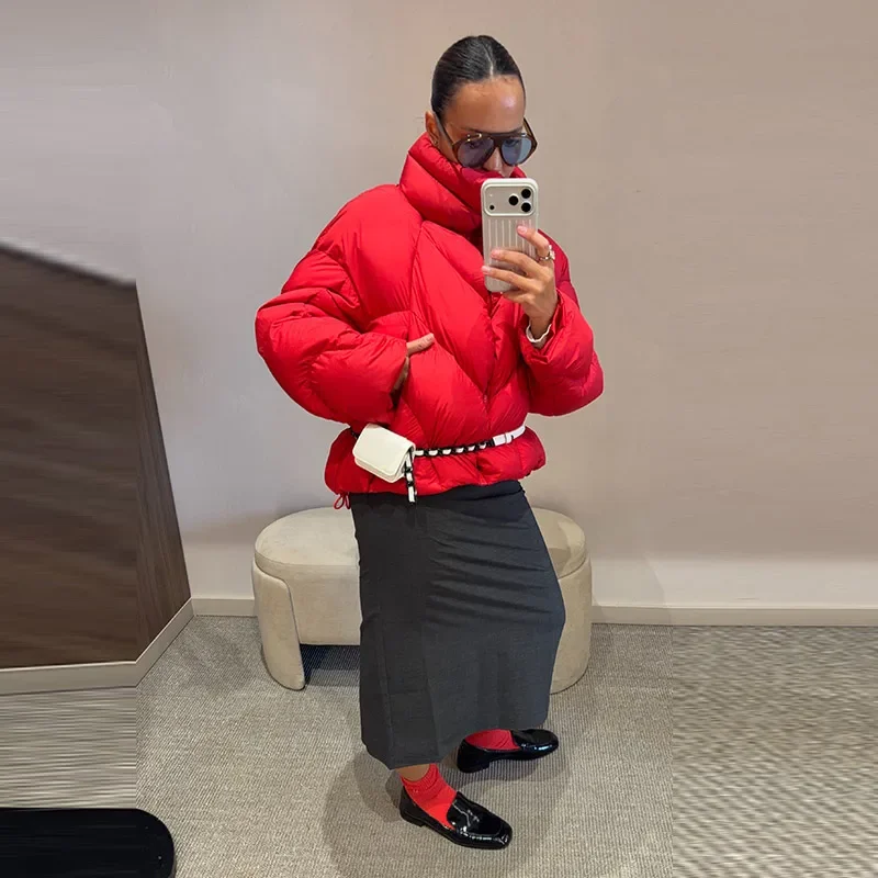 Kurzer Puffer-Wintermantel für Damen, Hochkragen, Gefütterte Jacke, Übergroße Puffige Reißverschlussjacke, Dick, Warm, Lässige Streetwear für Damen – Detail 2