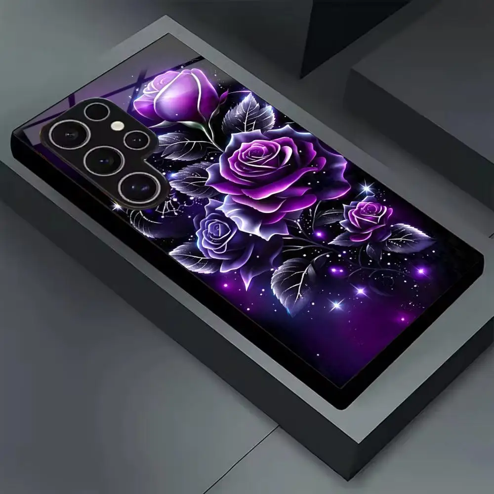 Purple rose print pattern glass phone case suitable for Samsung Galaxy S26 S25 S24 S23 S22 S21 S20 FE/Ultra/Plus anti drop