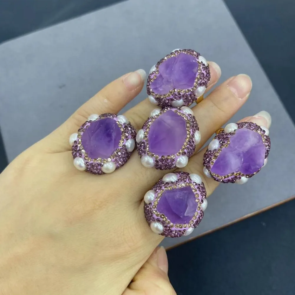 

New natural amethyst women's ring inlaid with pearls, simple and popular, exquisite jewelry for ladies' banquets and dances