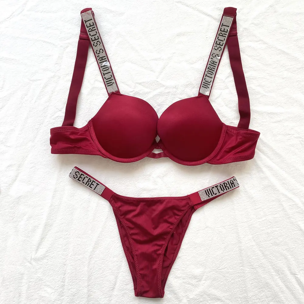 Set reggiseno da donna, intimo sexy, reggiseno push-up Victoria's Secret e set di mutandine con lettere e strass, perizoma, set di lingerie rosa per donna