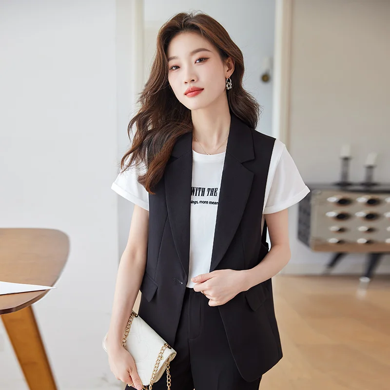 2023 Autumn Fashion & Leisure Vest and Pant Suit Women Slim Sleeveless Blazer Trouser Two Pieces Set for Office Ladies Work Wear