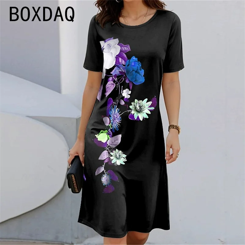 Bohemian Style Short Sleeve Round Neck Floral A-Line Dress Women's Casual Midi Dress Spring Summer Fashion Sundress Vestidos