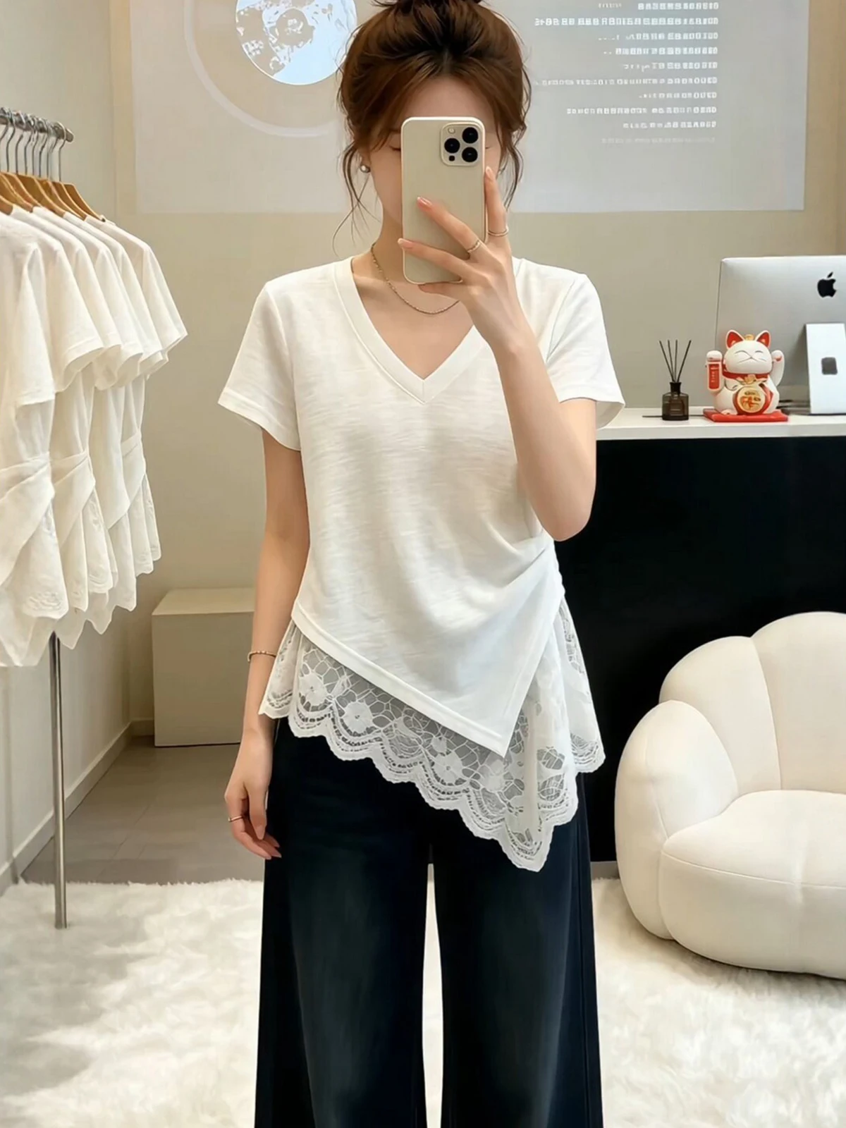 Irregular Lace Splicing V-Neck Short Sleeve T-Shirt Women's Summer Slimming Top French Style Regular Fit Pure Color Hot Sale