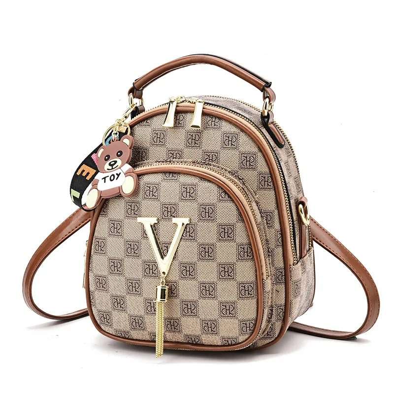 Vintage Plaid Girly Backpack Fashionable Contrasting Shoulder Women\'s Round Bag Simple Stitching Girl Crossbody Bag PVC Material