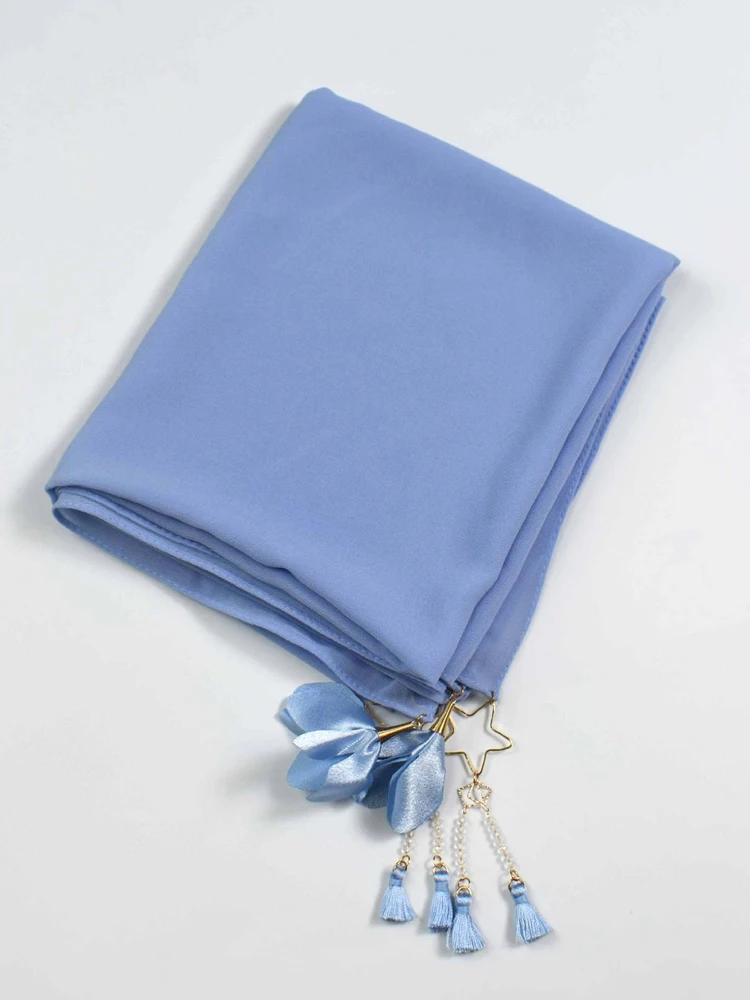 

High Quality Premium Flowers Pearl Tassel Chiffon Long Scarf Hijab Women Turban Headwear Solid Color Headscarf Shawls Islamic