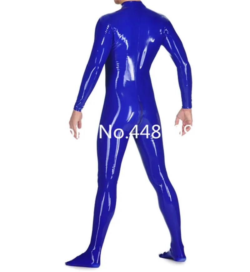 

Dark Blue Latex Long Sleeve Catsuit With Front Three Ways Zip Through Crotch Latex Body Suit With Sock for Man Males Custom Made