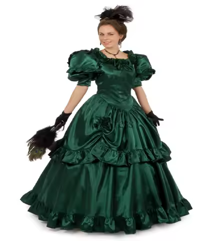 Baroque Period Green Duchess Prom Dress Aesthetic Puff Sleeves Satin Florals Evening Dress 1860s Medieval Formal Customized