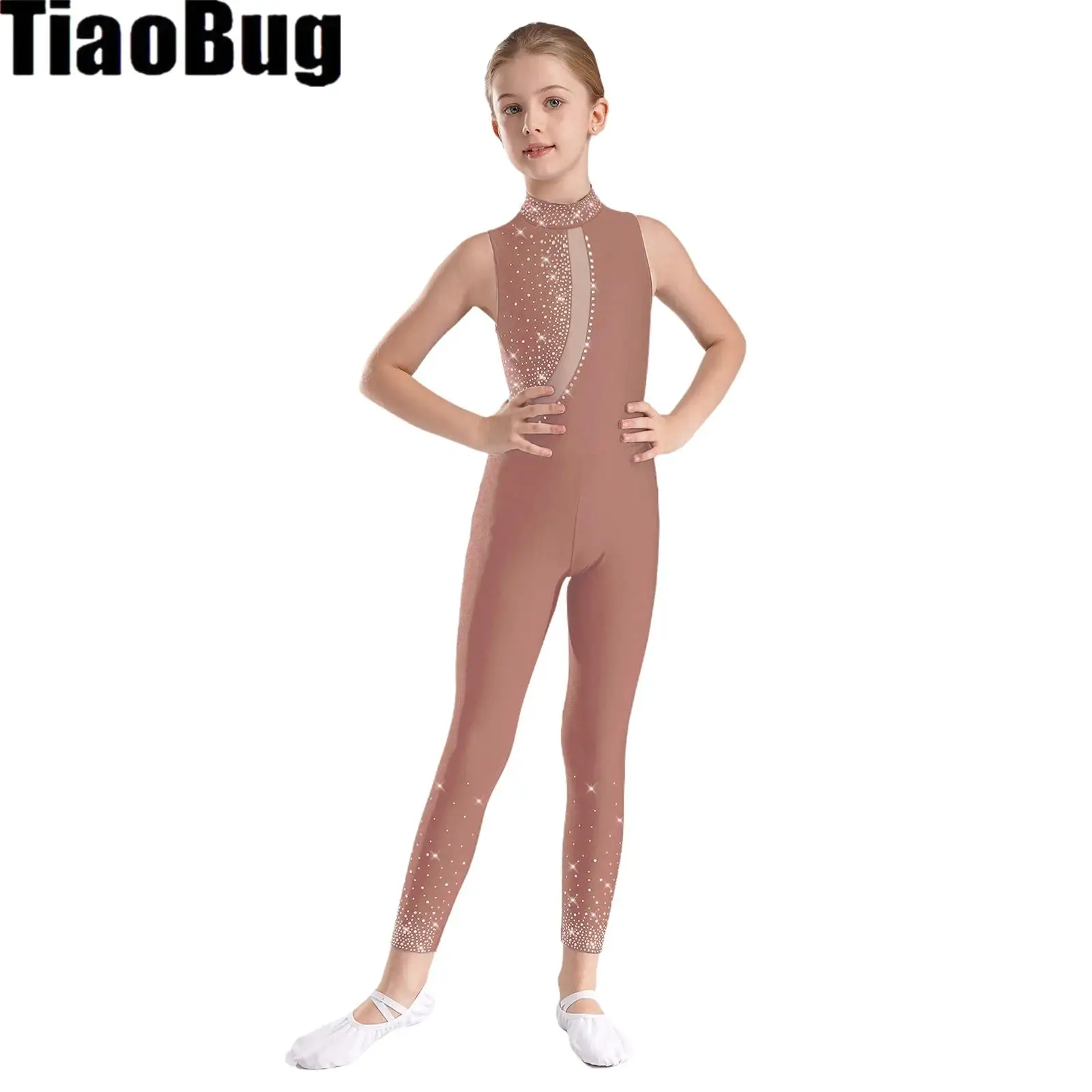 Kids Girls Figure Skating Leotard Mock Neck Sheer Mesh Patchwork Sleeveless Cutout Back Dance Bodysuit for Gymnastics
