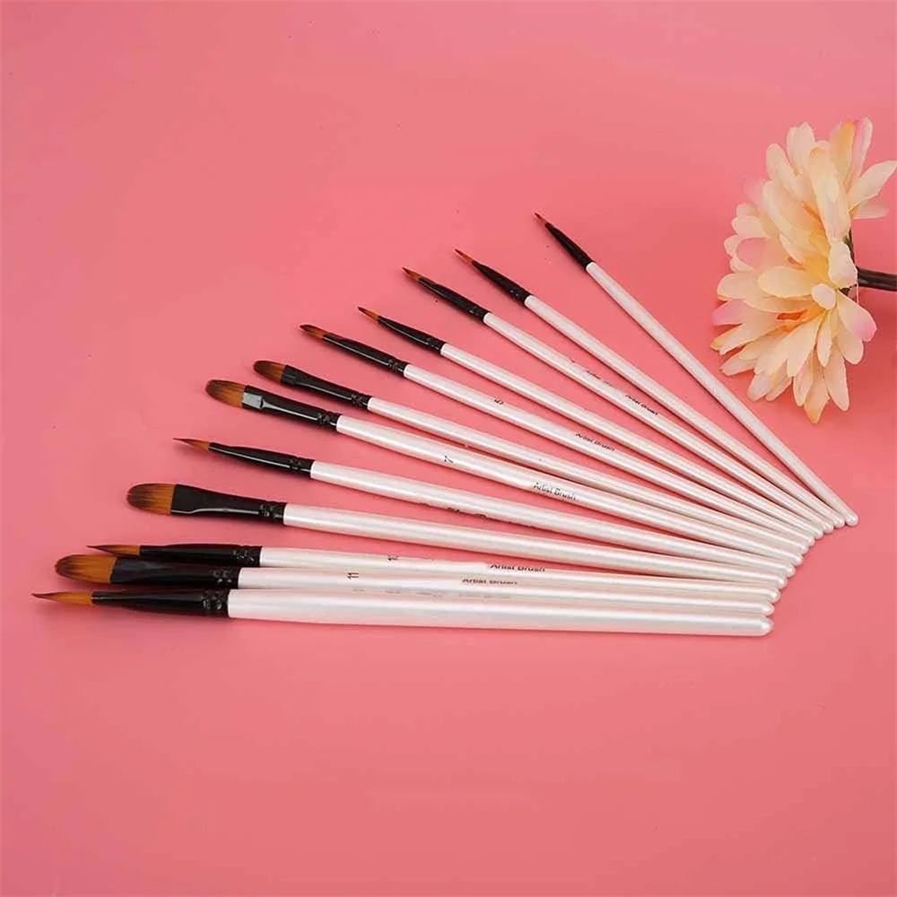 12Pcs Mixed Size Flat Head Acrylic Painting Brushes White Nylon Watercolor Brush Set Student Children Painter Art Supplies