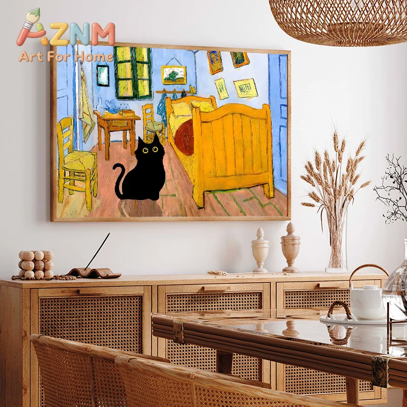 1pc frameless Canvas Painting Funny Black Cat Flower Garden Flower Field Poster Print Canvas Painting Cute Animal Van Gogh Wall