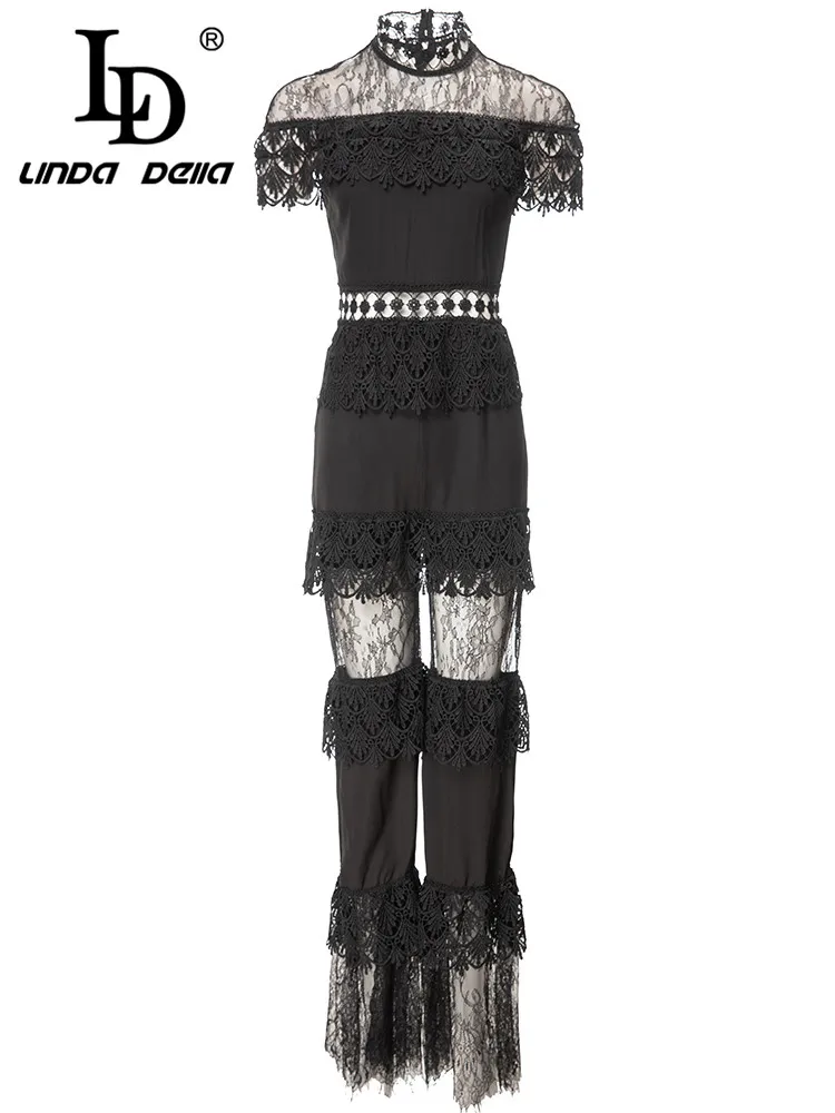 

LD LINDA DELLA Summer Fashion Designer jumpsuit Women Black Embossed hollow Transparent Lace Slim Fit Step on the foot jumpsuit