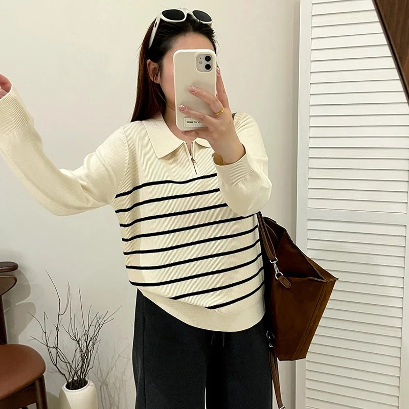 

Loose Knitted Sweater Women's Neck Striped Top plus Size Winter Fashion Sweet Style Long Sleeve Polyester Fiber
