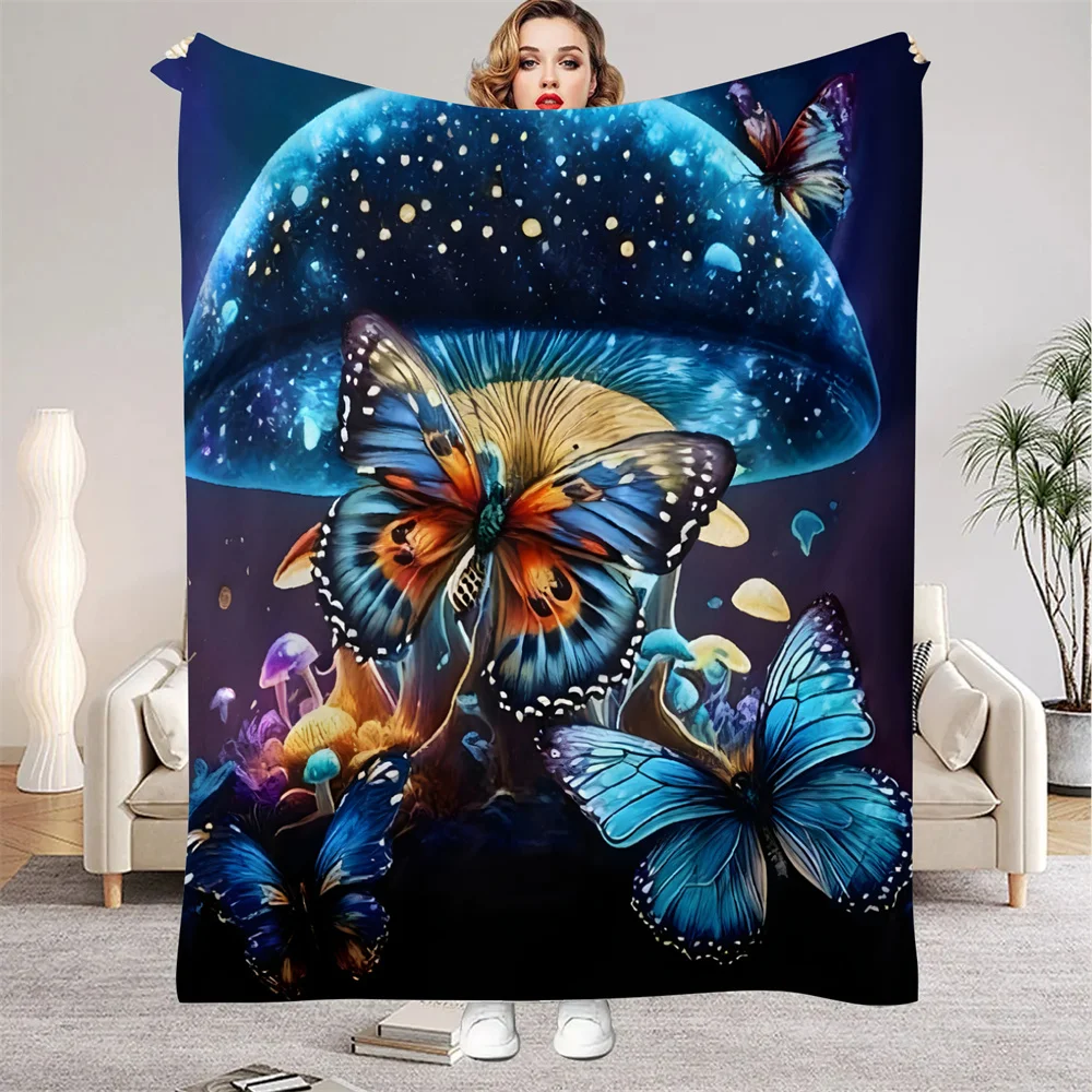 Blaue Galaxie-Pilz-Schmetterlingsdecke, weich, gemütlich, warm, Winter-Flanell-Überwurf, Decke für alle Jahreszeiten, für Sofa, Bett, Zimmerdekoration