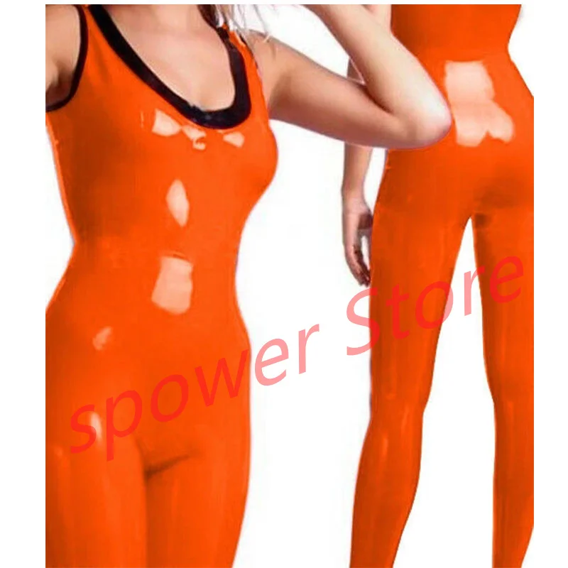 

Handmade Women Latex Catsuit Orange with Black Trim Rubber Bodysuit Tight Jumpsuit Customize Cosplay Costumes