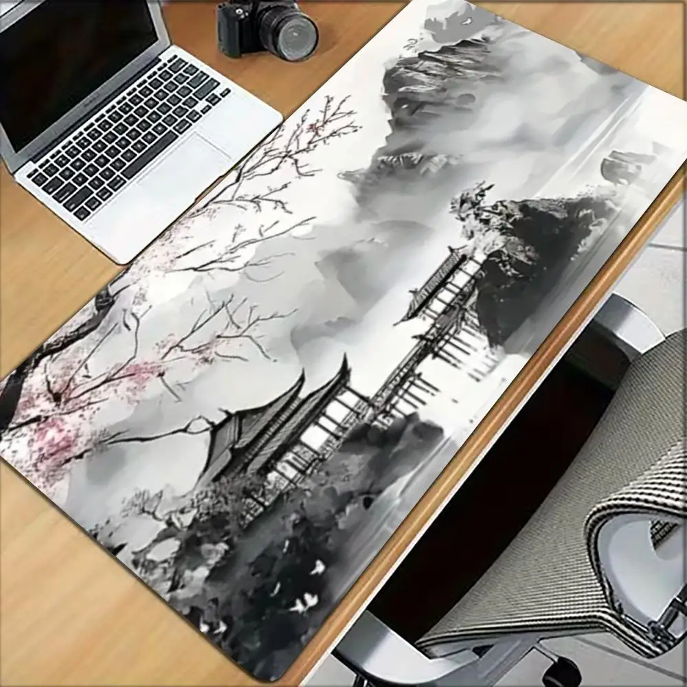 Large Gaming Mouse Pad Desk Mat Keyboard Pad Chinese Ink Wash Landscape Ancient Pavilion Plum Blossom Print Non Slip Rubber Base