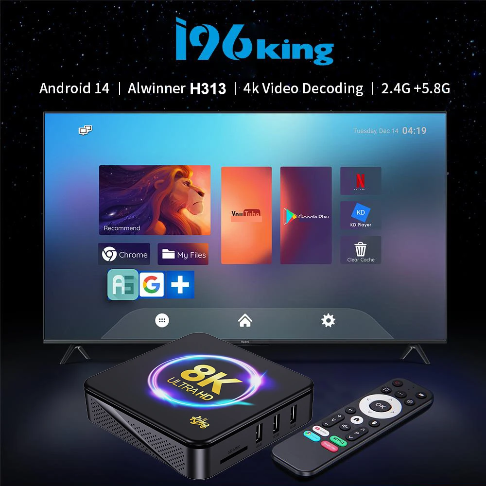 I96 KING TV Box Android 14 8K H.265 Streaming Decode Quad-Core Dual WiFi Voice Remote BT5.0 Media Player for Netflix & YouTube