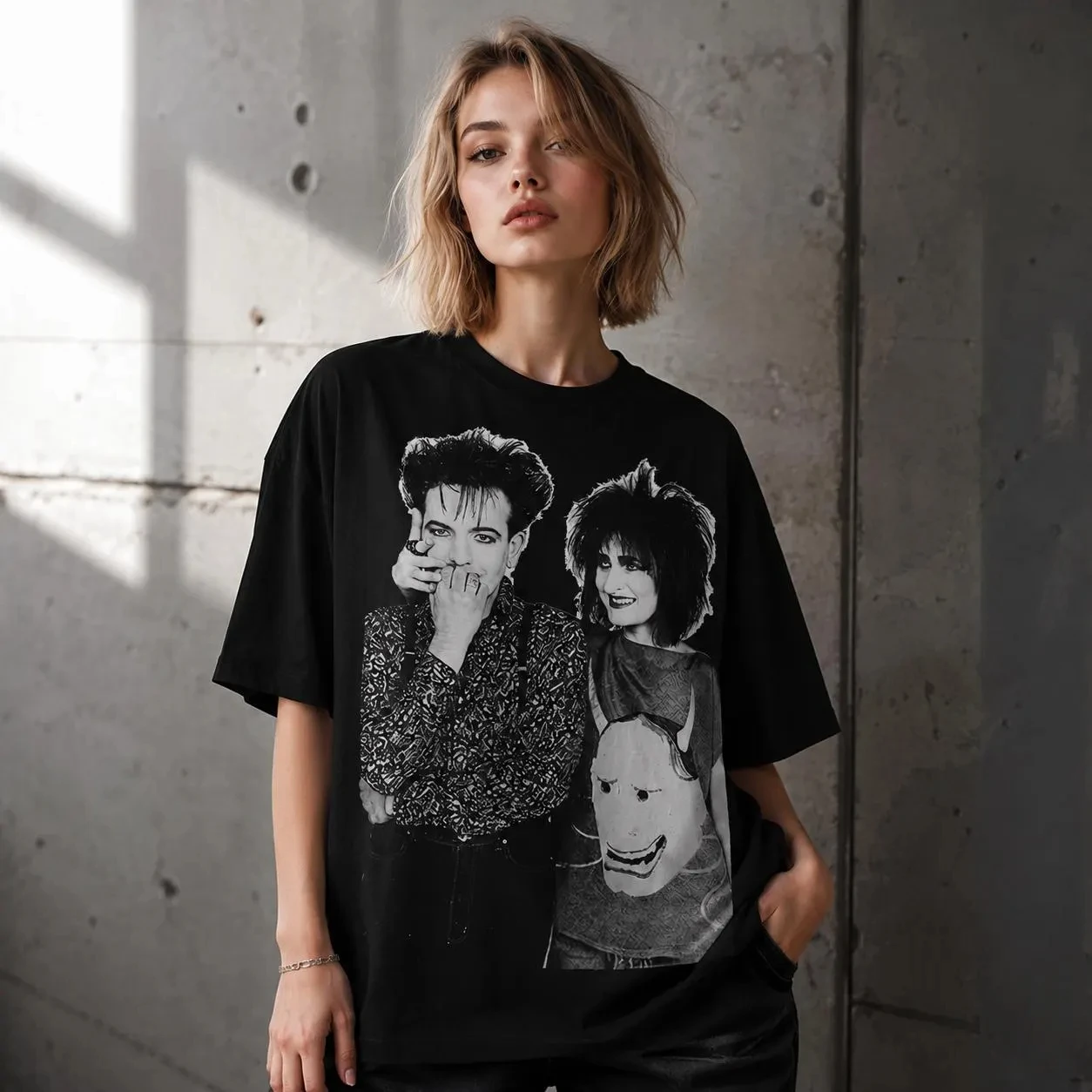Gothic post-punk duo T-shirts, 80s retro alternative music T-shirts, black and white New Wave singer portrait T-shirts