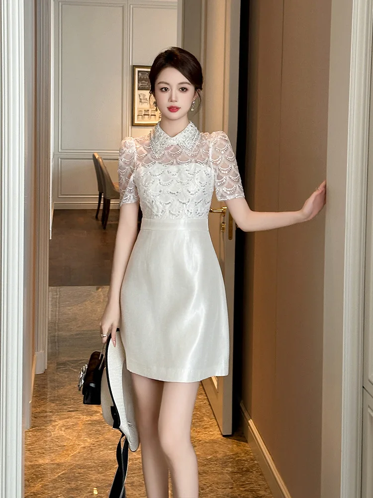 White Dress Summer New Women's French Age-Reducing Doll Collar Sequined Waist Dress