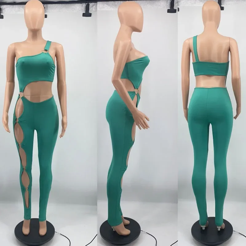 Sexy One Shoulder Bodycon Jumpsuit Women Sleeveless Solid Hollow Out One Pieces Romper Night Party Club Birthday Outfits Catsuit