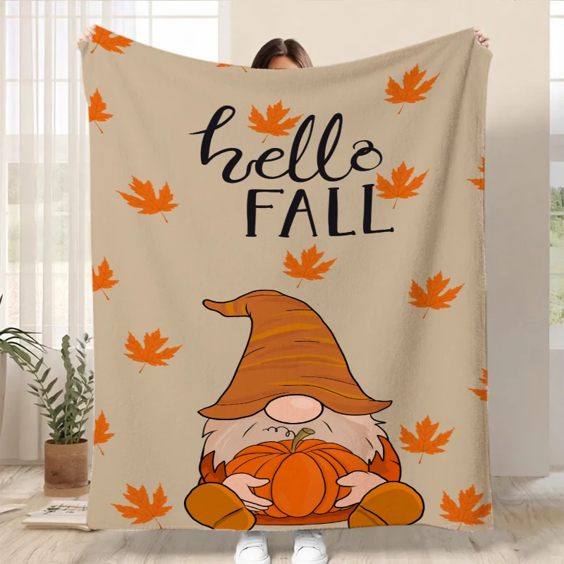 Autumn Gnome Pumpkin Leaves Seasonal Flannel Blanket For Cozy Bedroom Decor Soft Warm Throw Blanket Wrap
